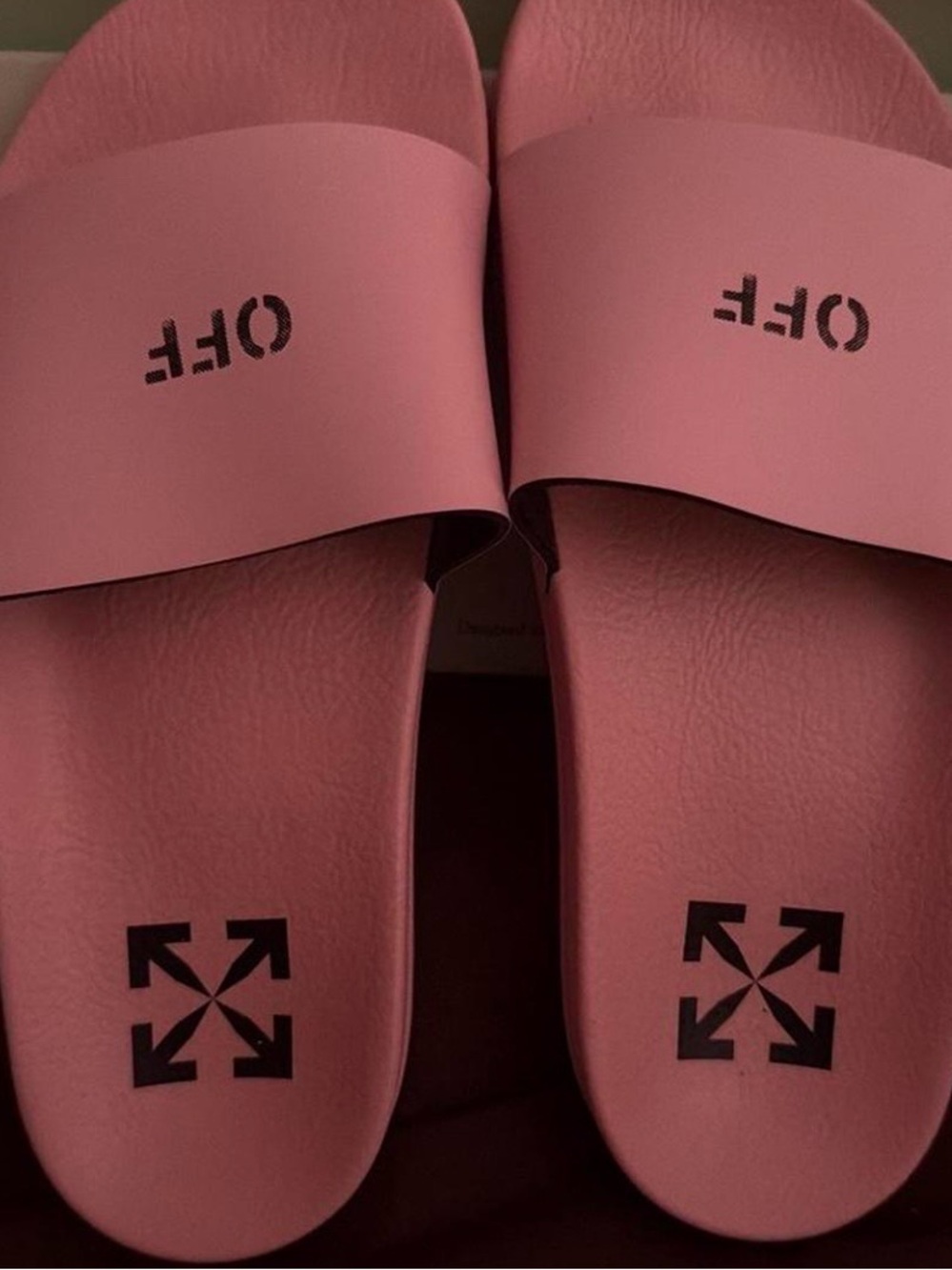 Off-White Pink "LEFT/RIGHT" Logo Slide Sandals